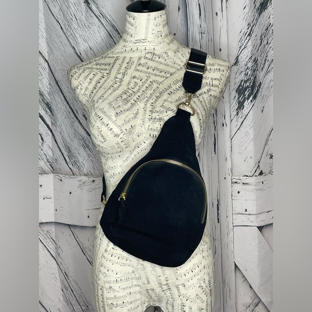 Ah-Dorned Crossbody Sling Bag in Faux Black Suede